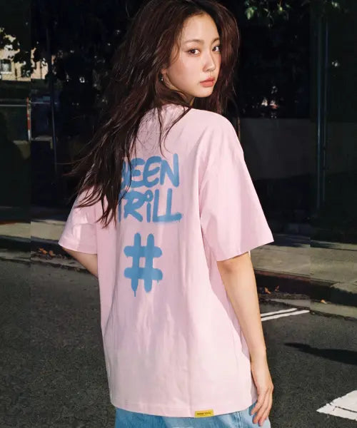 [BEENTRILL] Hashtag Oversized Short Sleeve T-Shirt (Light Pink) / 스프레이 해시태그 오버핏 반팔티(라이트 핑크)