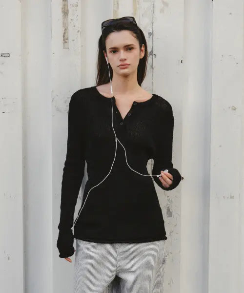 [CITTA] Light Sheer Henley Neck Knit_CTK259(Black)