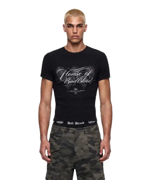 [BADBLOOD] H.B.B. Penta Skull Waffle 1/2 T-Shirt - Black / H.B.B. 펜타 스컬 와플 1/2 티셔츠 - 블랙