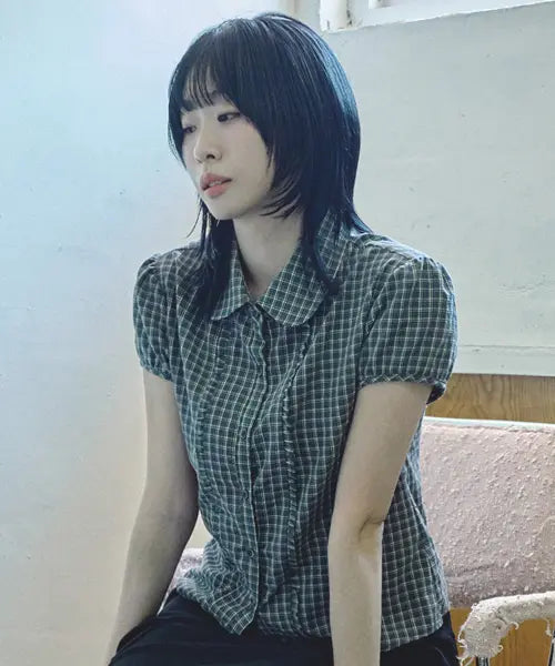 [MIHEV] Check Puff Short Sleeve Blouse Charcoal / 체크 퍼프 반팔 블라우스 차콜