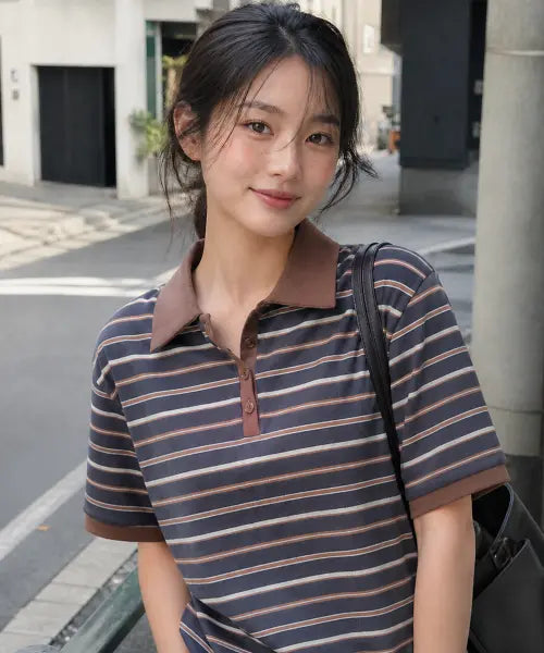 [SAYUU] Stripe Biscuit Collar Short Sleeve Tee Charcoal / 스트라이프 비스킷 칼라 반팔 티 차콜