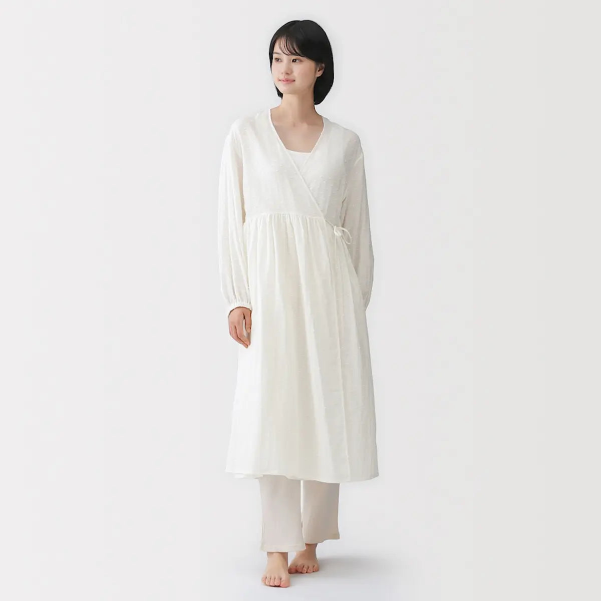 [MUJI] Double Gauze Dot Dobby Long Cardigan / 이중 가제 도트 도비 롱 가디건