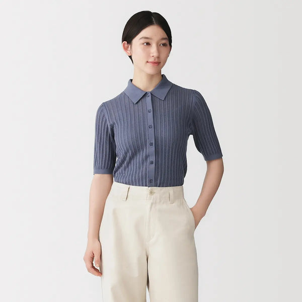 [MUJI] Soft Ribbed Openwork 5-Sleeve Polo Cardigan / 보드라운 리브 오픈워크 5부소매 폴로 가디건