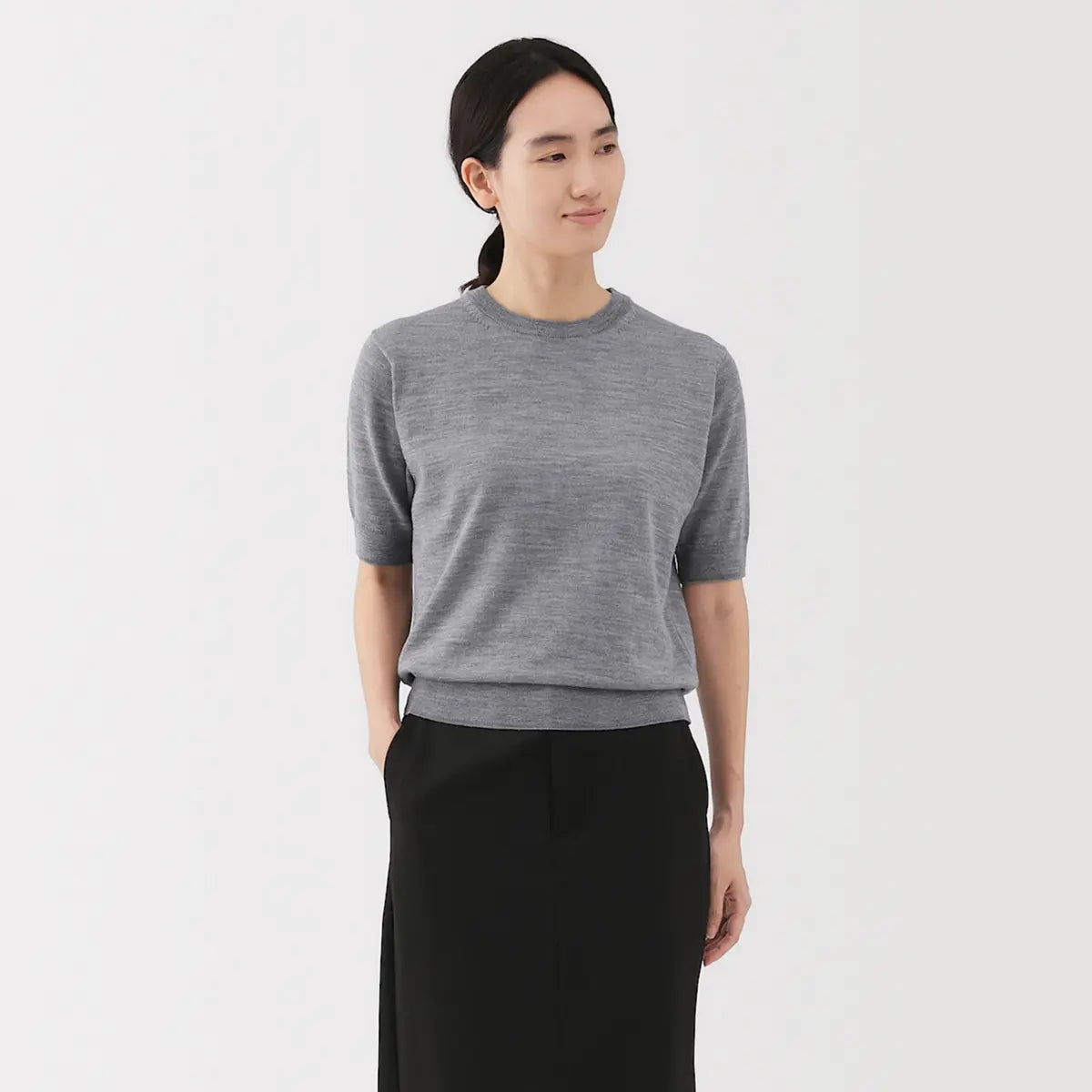 [MUJI] Washable Wool High Gauge 5-Sleeve Sweater / 워셔블 울 하이 게이지 5부소매 스웨터