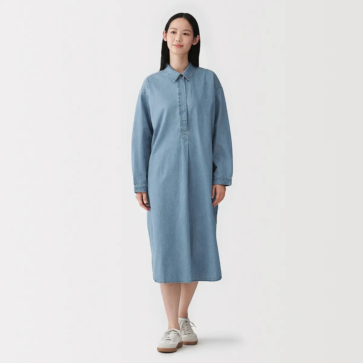 [MUJI] Cotton Blend Light Denim Long Sleeve Dress / 케이폭 혼방 라이트 데님 긴소매 원피스