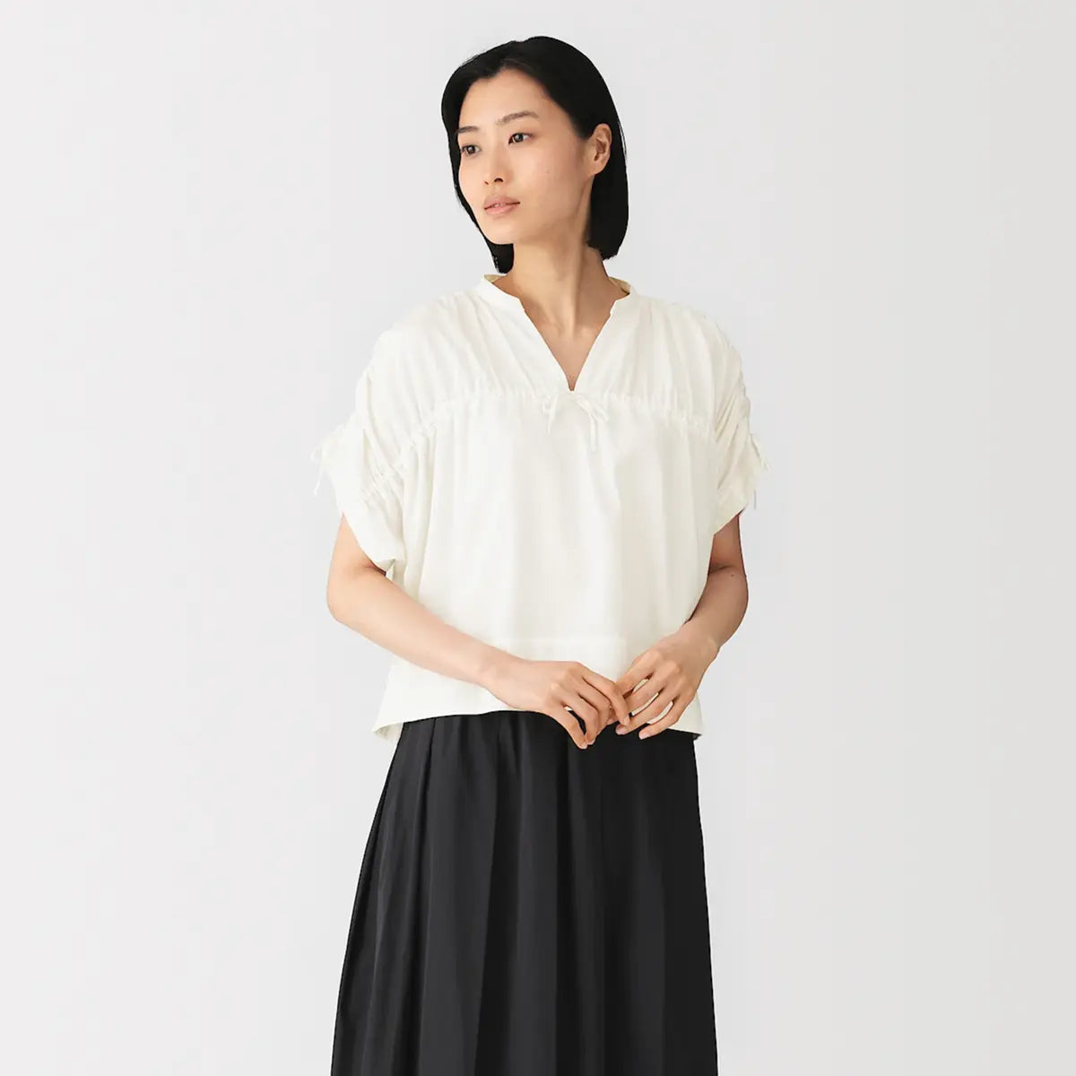[MUJI] Cotton Satin Gathered Blouse / 면 새틴 개더 블라우스