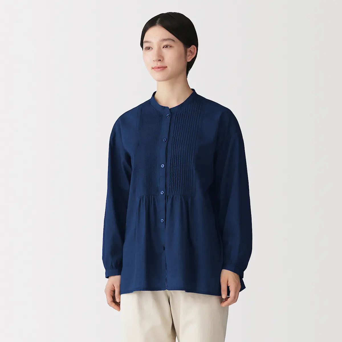 [MUJI] Cotton Pintuck Indigo Long-Sleeve Blouse / 코튼 핀 턱 인디고 긴소매 블라우스
