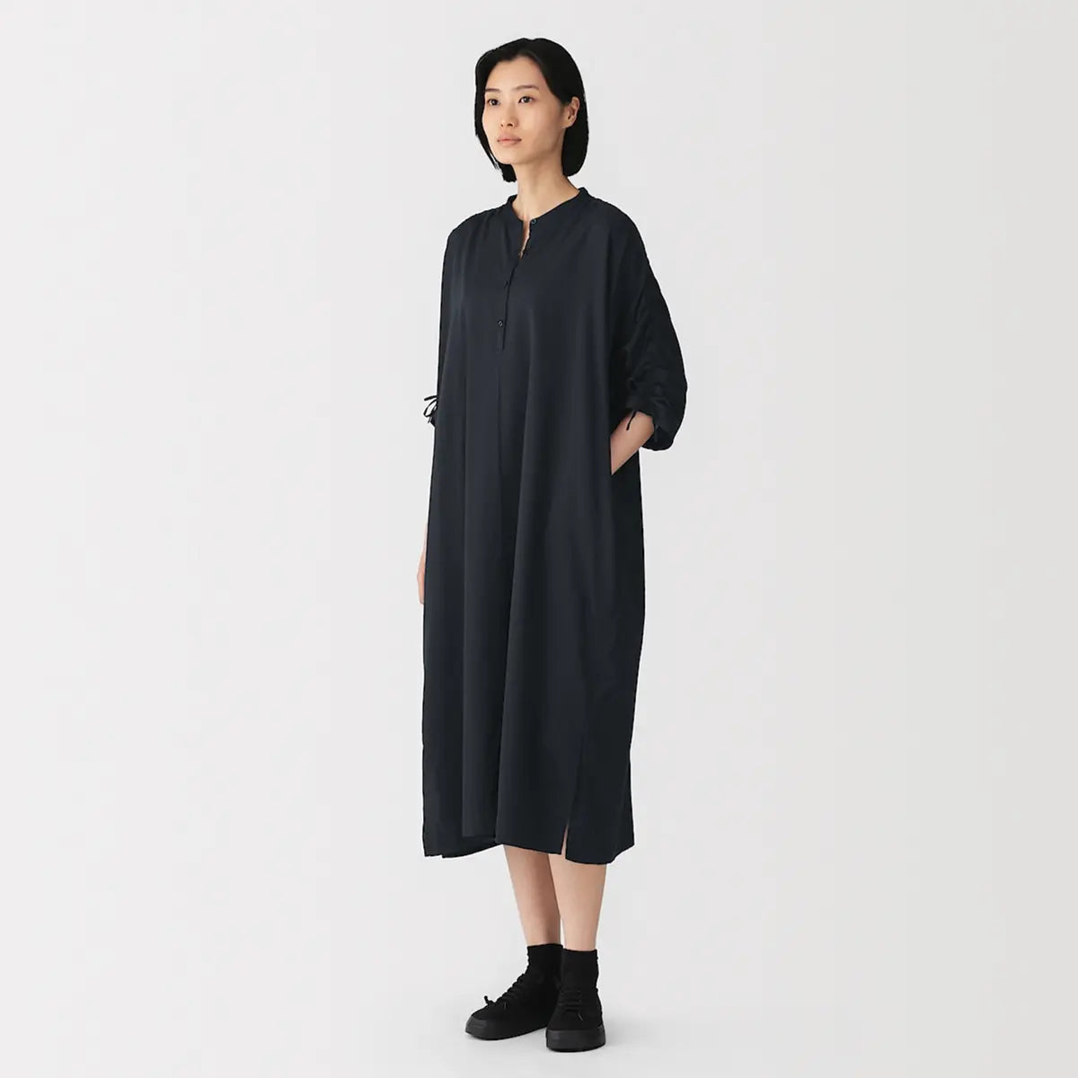 [MUJI] Cotton Satin Gathered Dress / 면 새틴 개더 원피스
