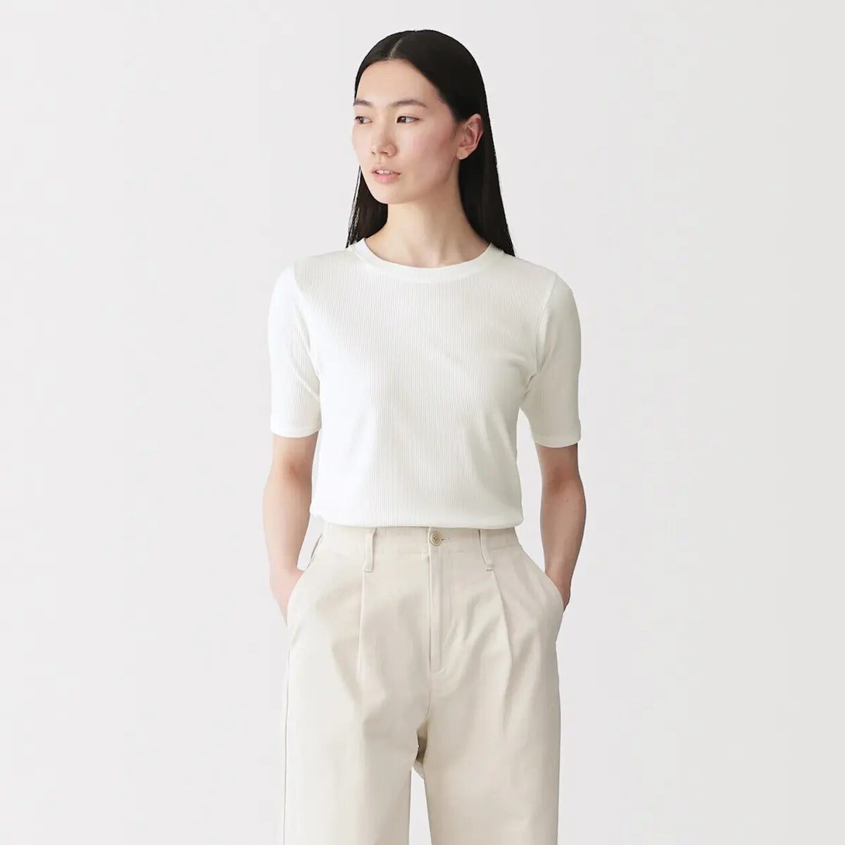 [MUJI] Soft Ribbed Crewneck 5-Sleeve T-Shirt / 소프트 리브 크루넥 5부소매 티셔츠