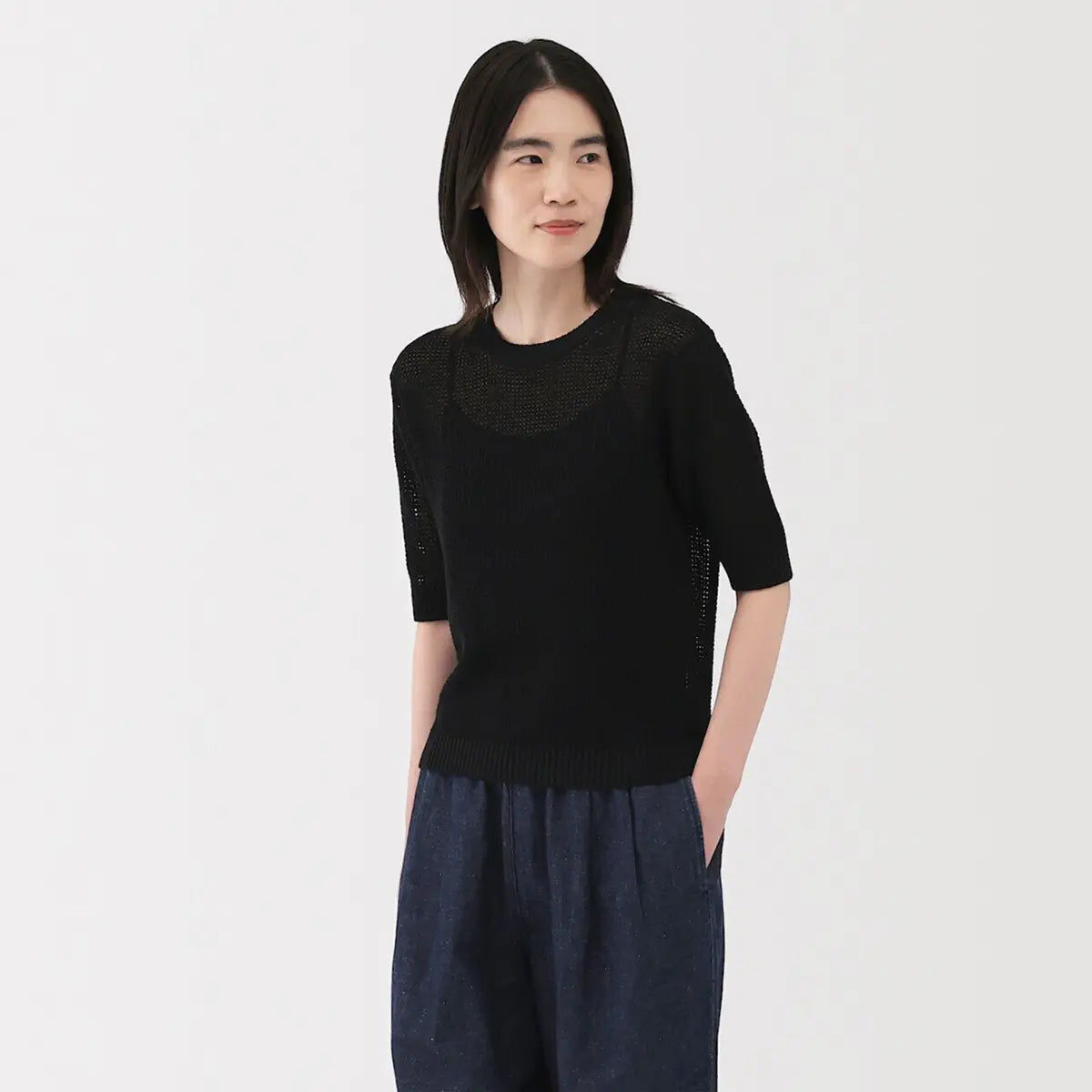 [MUJI] Linen Blend Mesh 5-Sleeve Sweater / 리넨 혼방 메쉬 5부소매 스웨터