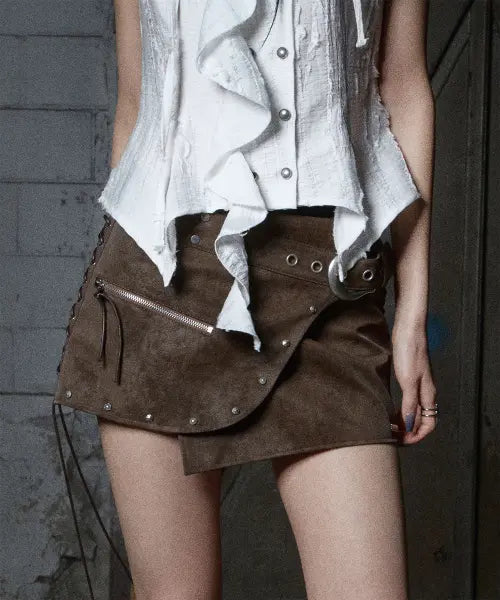 [NOTKNOWING] Stud Lace-Up Wrap Skirt (BROWN)