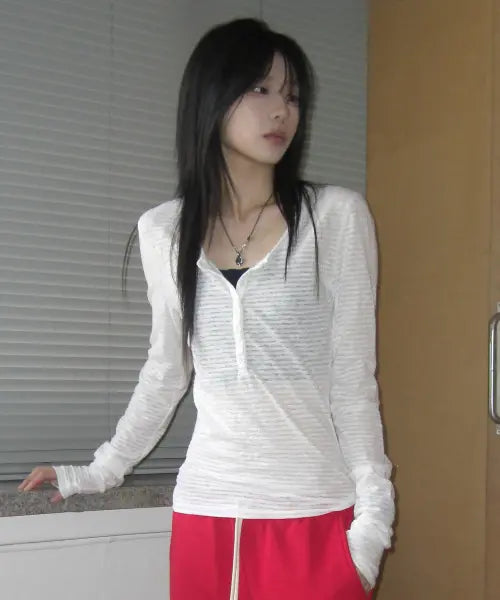 [SUADE] SHEER SLIM HENLEY NECK [WHITE]