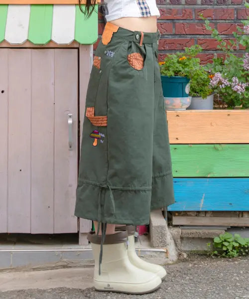 [RuNaKi'Hu'] Kinoko Mori Kinoko Mori Fish Hook Check Color Block Bermuda Shorts (Khaki) / WXP099 키노코모리 물고기 고리 체크 배색 버뮤다 팬츠 (KHAKI)