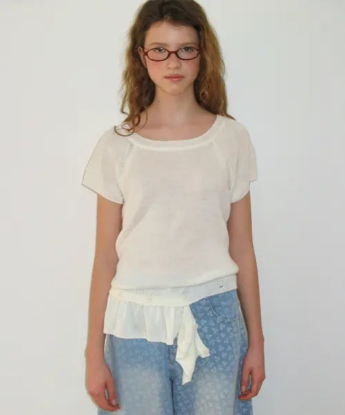 [RONRON] DETACHABLE RUFFLE HEM KNIT IVORY