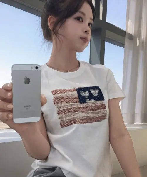 [ROGIN N ROSIE] USA Banner lace patch T-shirt Ivory / USA Banner lace patch T-shirt White