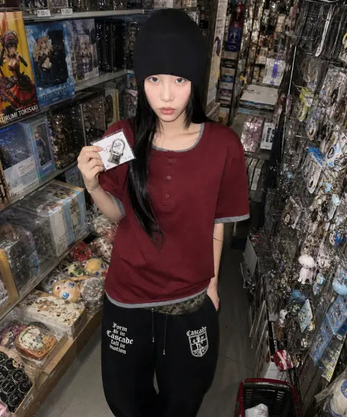 [IDWS] Layered Henley Neck T-Shirt Burgundy