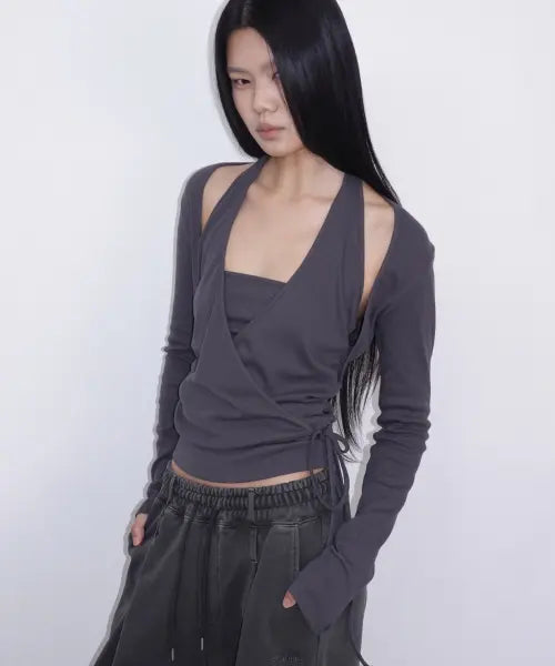 [SANDRIC] Layered Halter Wrap Long Sleeve_Charcoal