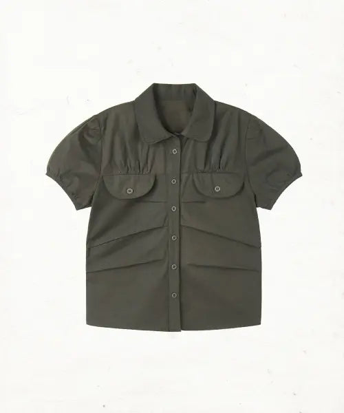 [DANDEL] DD pleats round pocket blouse (CHARCOAL)