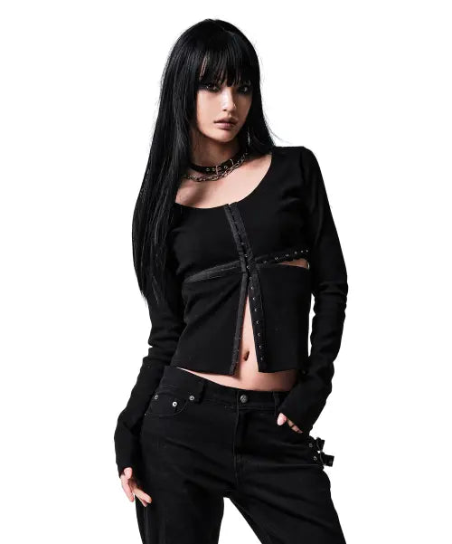 [EYANG] CROSS HOOK CUT-OUT CARDIGAN BLACK