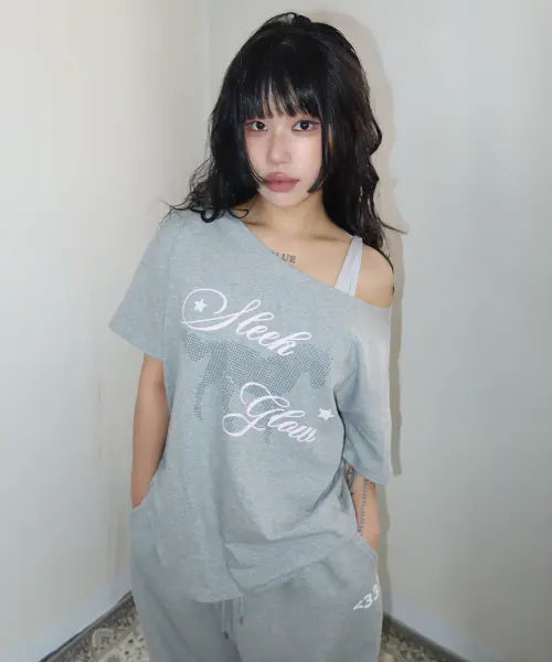 [SLEEKGLOW] Horse One Shoulder T-Shirt [Gray] / 홀스 원숄더 티셔츠[그레이]