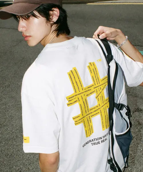 [BEENTRILL] Taping Hashtag Oversized Short Sleeve T-shirt (Off White) / 테이핑 해시태그 오버핏 반팔티(오프 화이트)