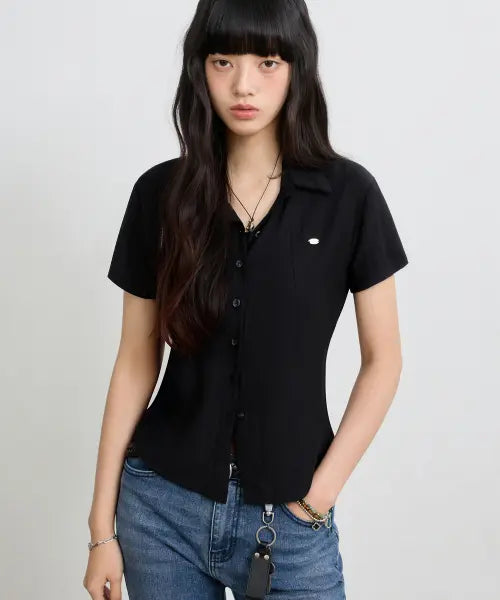 [EUGGEN] WRINKLE SHEER OPEN-COLLAR CROP SHIRT_BLACK / 링클 시어 오픈카라 크롭 셔츠_블랙