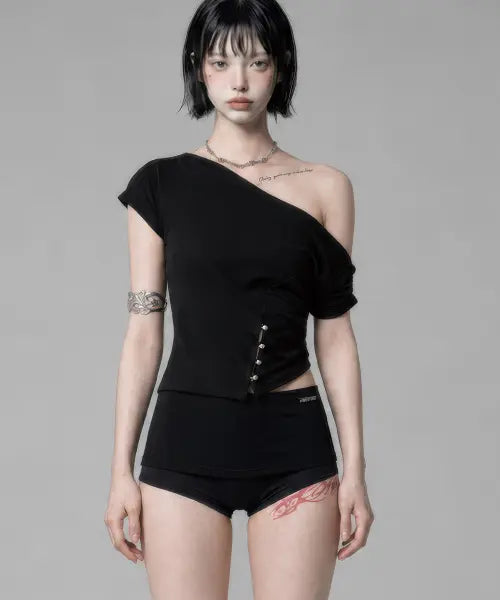 [ETRE AU SOMMET] Cut-Out Open Short Sleeve (Black)