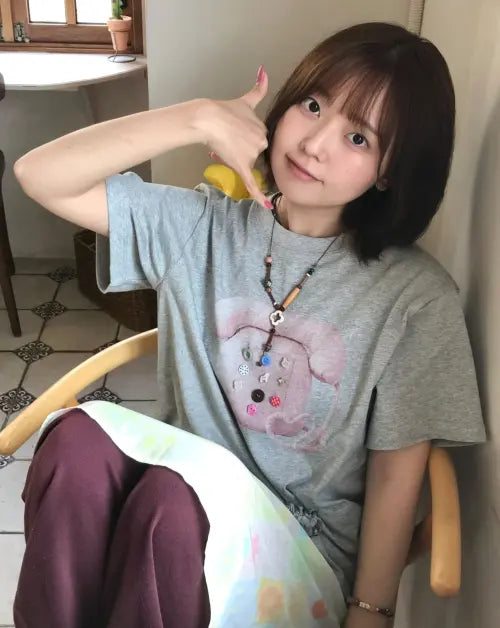 [RONRON] BUTTON RETRO TELEPHONE T SHIRT GREY