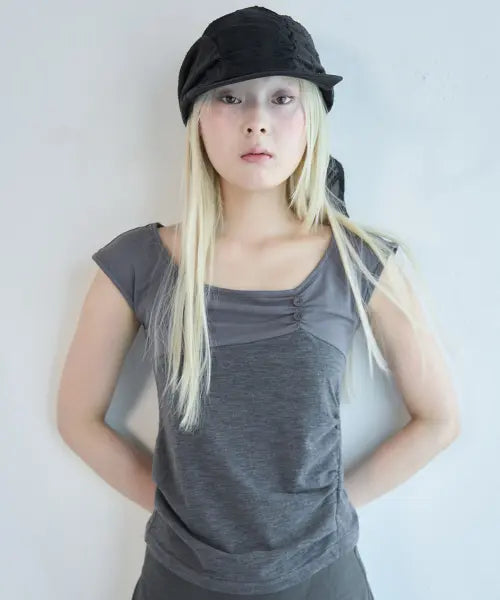 [OAFISH] Button Shirring T-Shirt, Charcoal