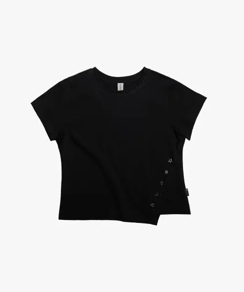 [RIOMEU] Button Unbalanced Short-sleeved T-shirt_Black / 버튼 언발란스 반팔 티셔츠_Black : RADIANT168