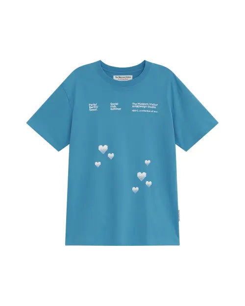 [THEMUSEUMVISITOR] PIXEL HEART SIGNATURE OVERFIT T-SHIRT (TILL BLUE)