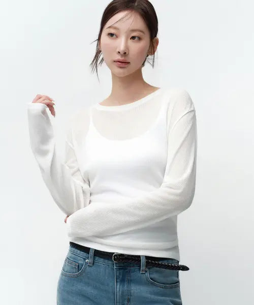 [MUSINSA STANDARD WOMAN] Women's Linen-Like Long Sleeve Knit T-Shirt [White] / 우먼즈 린넨 라이크 긴소매 니트 티셔츠 [화이트]