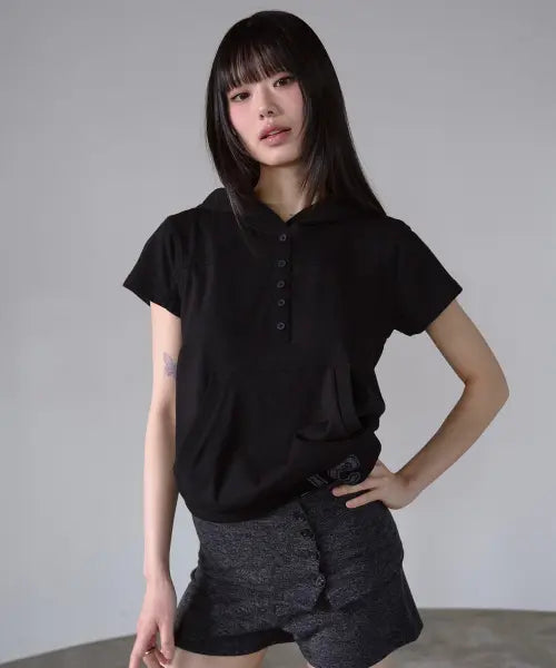 [PRENDA] BUTTON UP INCISIONAL HOODIE BLACK