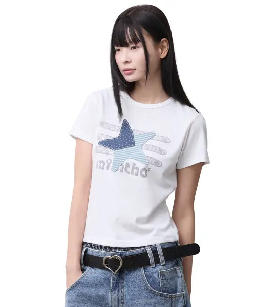 [MIMTHEWARDROBE] Napoleon Star Patch Crop T-Shirt_White / 나폴레옹 스타 크롭 패치 티셔츠_화이트
