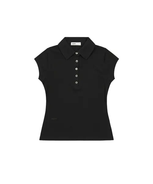 [PEPLEE] Button Cap Sleeve Collar Tee (Black)