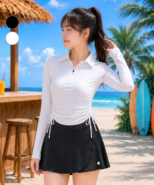 [HERRINGBONE] Women's Half-Zip String Shirring Rash Guard (2 Colors) / 여자 하프집업 스트링 셔링 래쉬가드 (2color) / RJ392W