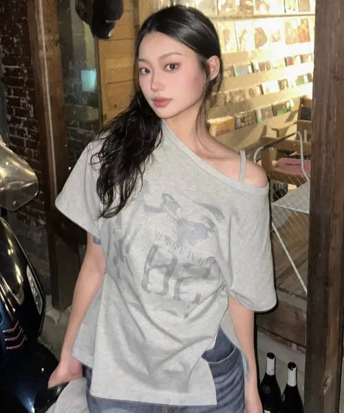 [LEATHERY] Vintage Slit One-shoulder T-Shirt [MELANGE] / 빈티지 슬릿 원숄더 반팔 티셔츠 [MELANGE]