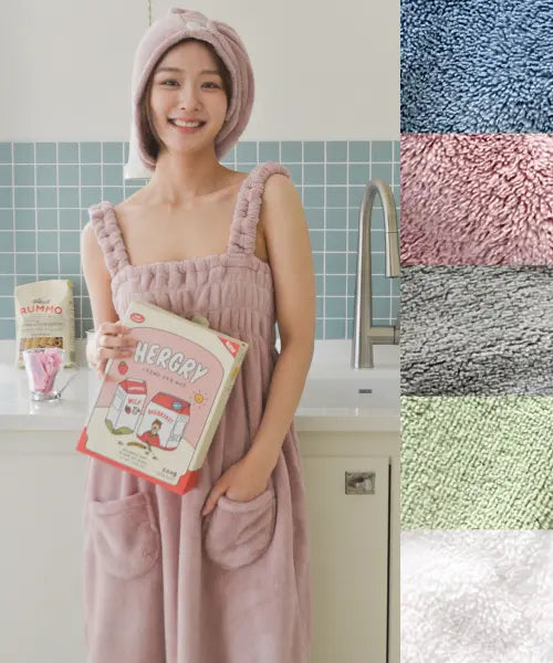 [DEDERIT] Fluffy Shower Bath One-Piece Gown Hair Towel Pajama / 보송 샤워 목욕 원피스 가운 헤어 타월 파자마