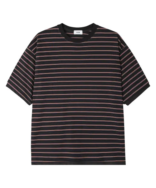 [NOISE] LAYERED STRIPE SHORT SLEEVED T-SHIRT - BROWN / 배색 롤업 스트라이프 반팔 티셔츠 - 브라운