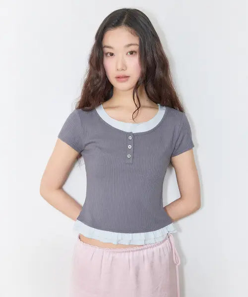 [MIXXO] Patterned Frill Layered T-Shirt / 패턴 프릴 레이어드 티셔츠 RE LWG412A_MIWHWG50QA