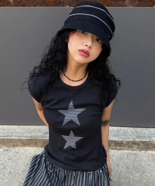 [DAMISH] Stripe Star Cap Sleeve T-Shirt_Charcoal / 스트라이프 스타 캡 슬리브 티셔츠_차콜