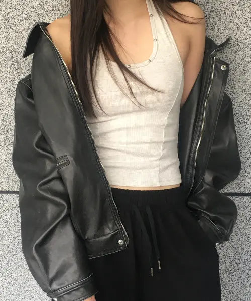 [CHICKS] Stud Point Ribbed Halterneck - Oatmeal / 스터드 포인트 골지 홀터넥 오트밀