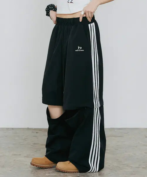 [D.XO.H] Knee Zip Wide Nylon Track Pants Black/White / 무릎 지퍼 와이드 나일론 트랙팬츠 블랙/화이트