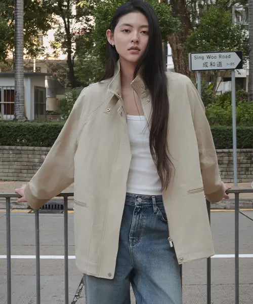 [TILL I DIE] High-neck leather point work jacket [TISP05JK05]_Beige