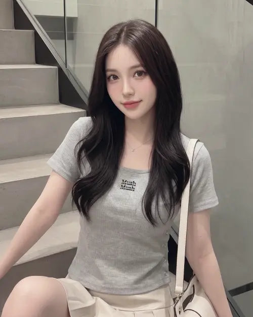 [MUAHMUAH] SLIT BUTTON CROP HALF T-SHIRT [6color] / 슬릿 버튼 크롭 반팔티셔츠 [6color]