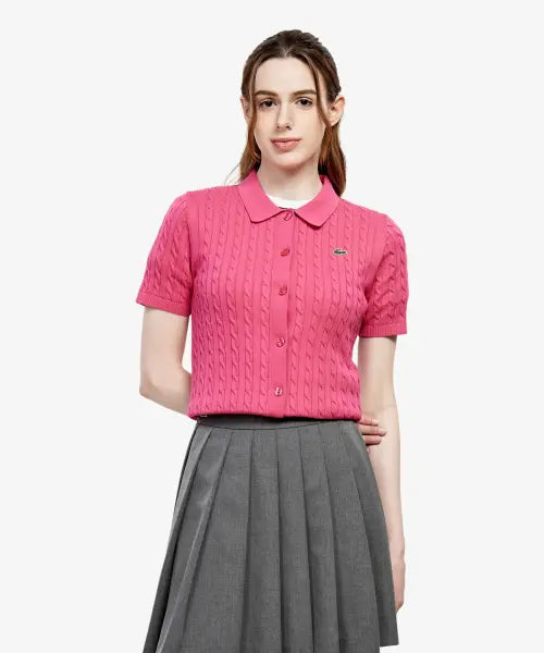 [LACOSTE] Women's Cable Short Sleeve Polo Cardigan AF280E-56G GLH / 여성 케이블 반팔 폴로 가디건 AF280E-56G GLH
