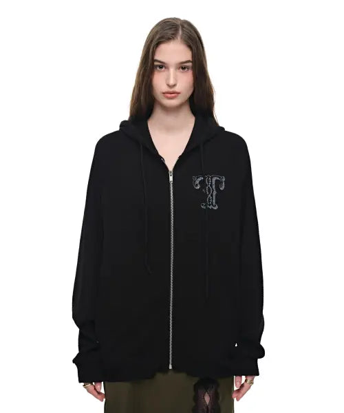 [TOOMUCHTAX] Leo Hotfix Waffle Zip-Up Hoodie Black / 레오 핫픽스 와플 집업 후디 블랙