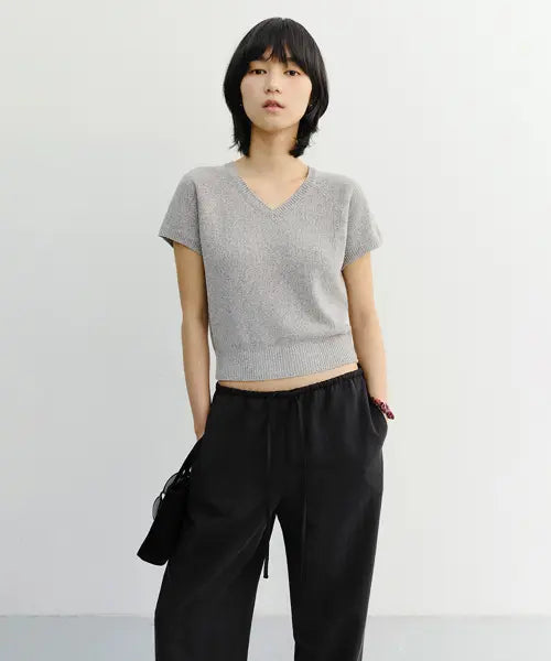 [DUNST] SUMMER LINEN V-NECK KNIT MELANGE GREY / SUMMER LINEN V-NECK KNIT_UDSW6B233_MELANGE GREY