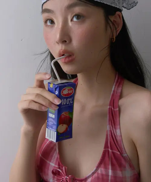 [AUGUSTWAVE] Rosy Check Halter Swim Dress
