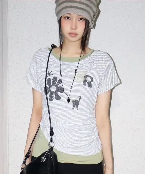 [LMR] Motif Embroidered Stripe Short Sleeve T-shirt GREEN / 모티프 자수 스트라이프 레이어드 반팔 티셔츠 GREEN